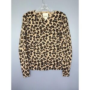 Cynthia Rowley 100% Cashmere Sweater 2-ply Women M Beige Leopard Print Crew Neck